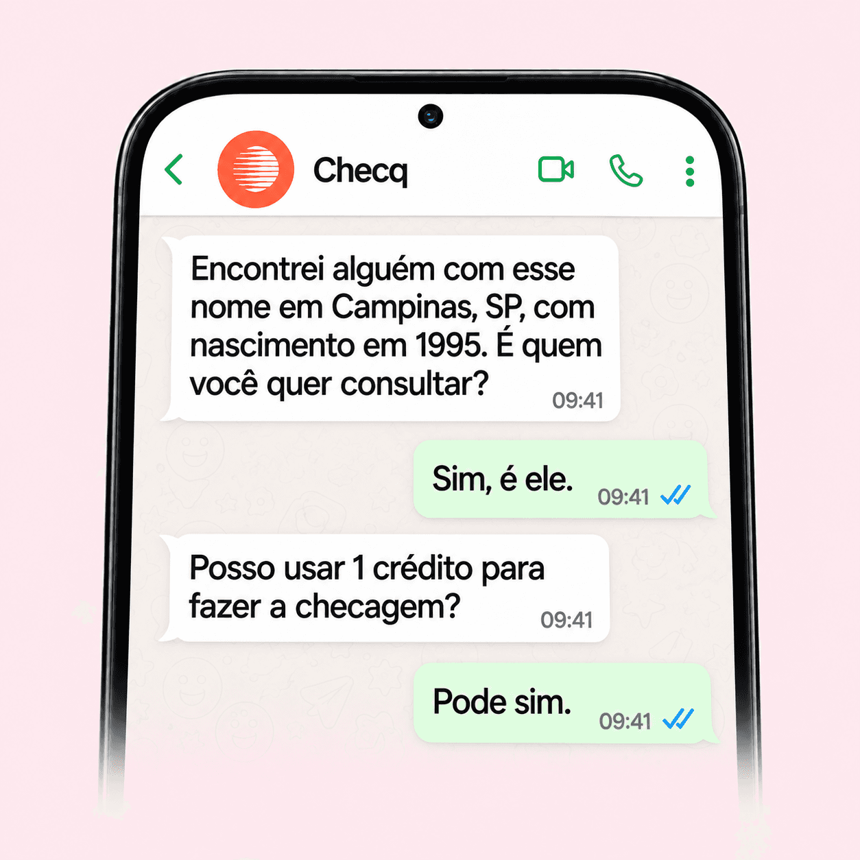 Exemplo fictício: a Checq apresenta alguém de Campinas, SP, nascido em 1995. A cliente confirma a pessoa e depois autoriza o uso de um crédito para a checagem.