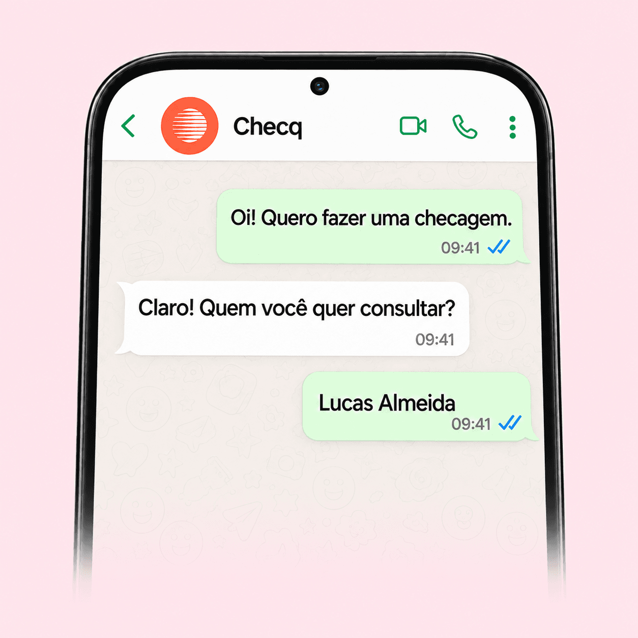 Exemplo de conversa: a cliente pede uma checagem, a Checq pergunta quem ela quer consultar e ela responde Lucas Almeida.